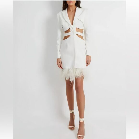 PATBO Feather Trim Cut-Out Mini Dress. White. Brand New! Sold Out Everywhere. - Picture 3 of 10